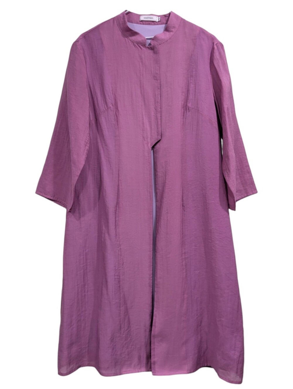 Soolinen Mauve Textured Open-Front Duster Coat Mandarin Collar 3/4 Sleeve XL
